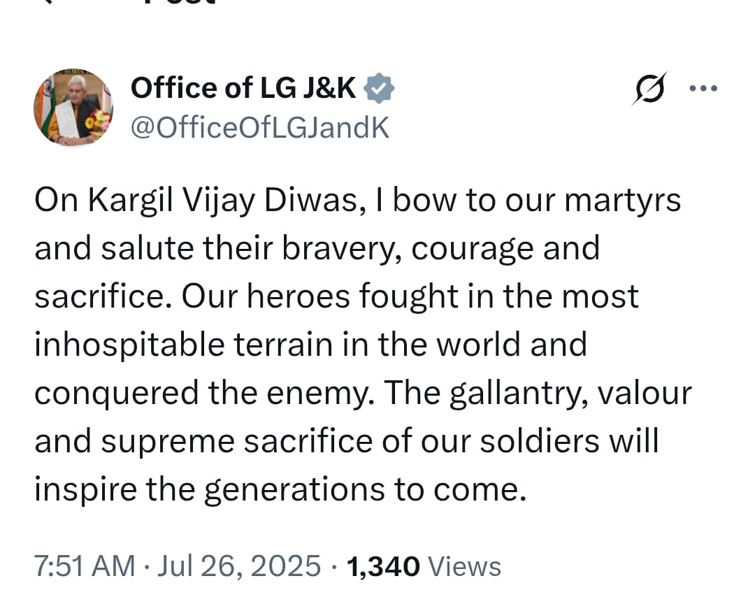 radionews_jammu's tweet image. On #KargilVijayDiwas, LG @manojsinha_ bows to the martyrs and salutes their unmatched bravery, courage & sacrifice. “Our heroes fought in the most inhospitable terrain and conquered the enemy. Their valour will inspire generations.”
#OperationVijay #KargilWar @diprjk