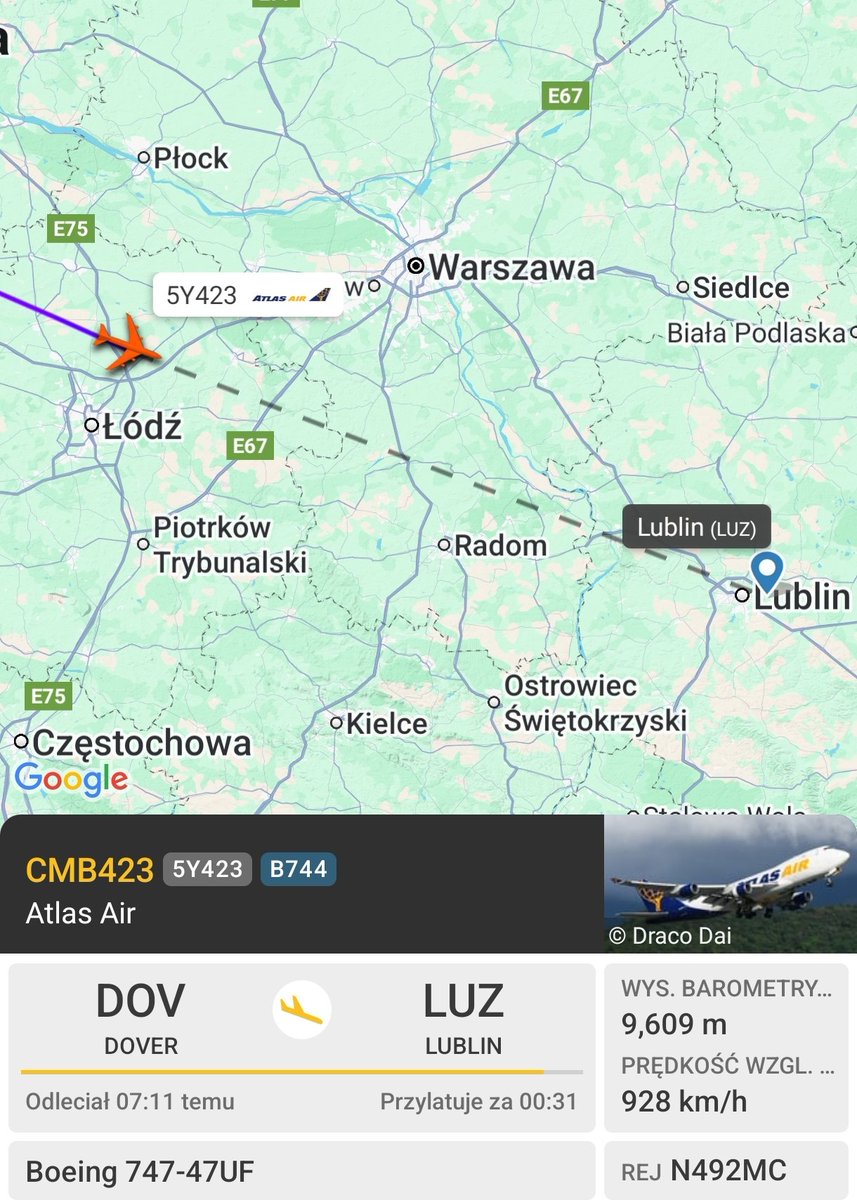 PolishMilRadar's tweet image. 📆26.07.2025 06:56LT
🇺🇸Atlas Air (transport wojskowy)
✈️Boeing B747-47UF #N492MC
#CMB423 zniżanie
🛫Baza Dover #KDOV
🛬Lublin #EPLB
🔗fr24.com/CMB423/3b6cfe70
#POLMILRADAR