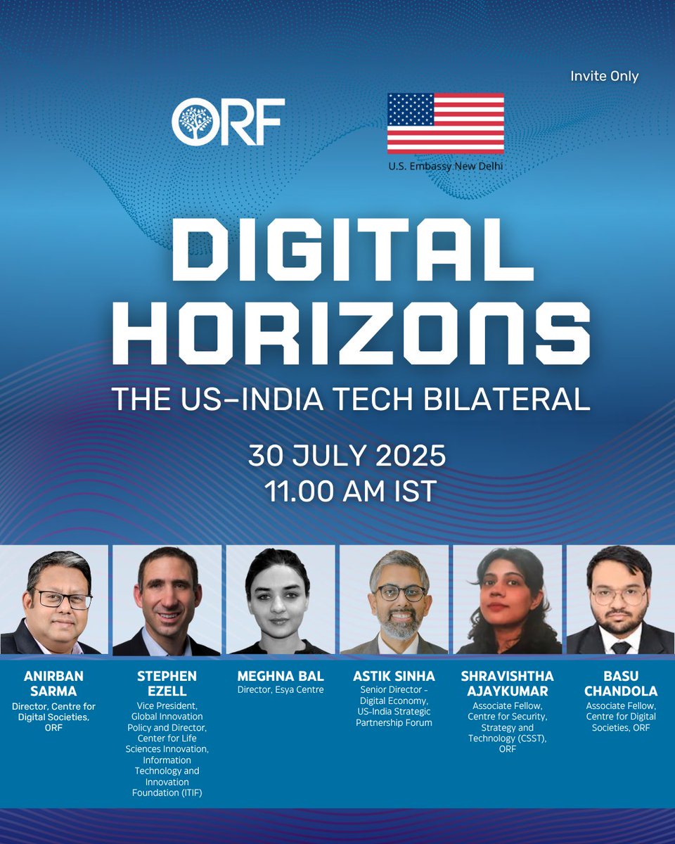 ORF (@orfonline) on Twitter photo .<a href="/orfonline/">ORF</a> in association with the <a href="/USAndIndia/">U.S. Embassy India</a> hosting a discussion on 'Digital Horizons: The USāIndia Tech Bilateral'
Featuring: <a href="/asarma2710/">Anirban Sarma</a>, <a href="/sjezell/">Stephen Ezell</a>, <a href="/BalMeghna/">Meghna Bal</a>, <a href="/astiksinha/">Astik Sinha</a>, Shravishtha Ajaykumar & <a href="/BasuChandola/">Basu Chandola</a>
30 July | 11 AM | Invite-Only
Know more .<a href="/orfonline/">ORF</a> in association with the <a href="/USAndIndia/">U.S. Embassy India</a> hosting a discussion on 'Digital Horizons: The USāIndia Tech Bilateral'
Featuring: <a href="/asarma2710/">Anirban Sarma</a>, <a href="/sjezell/">Stephen Ezell</a>, <a href="/BalMeghna/">Meghna Bal</a>, <a href="/astiksinha/">Astik Sinha</a>, Shravishtha Ajaykumar & <a href="/BasuChandola/">Basu Chandola</a>
30 July | 11 AM | Invite-Only
Know more