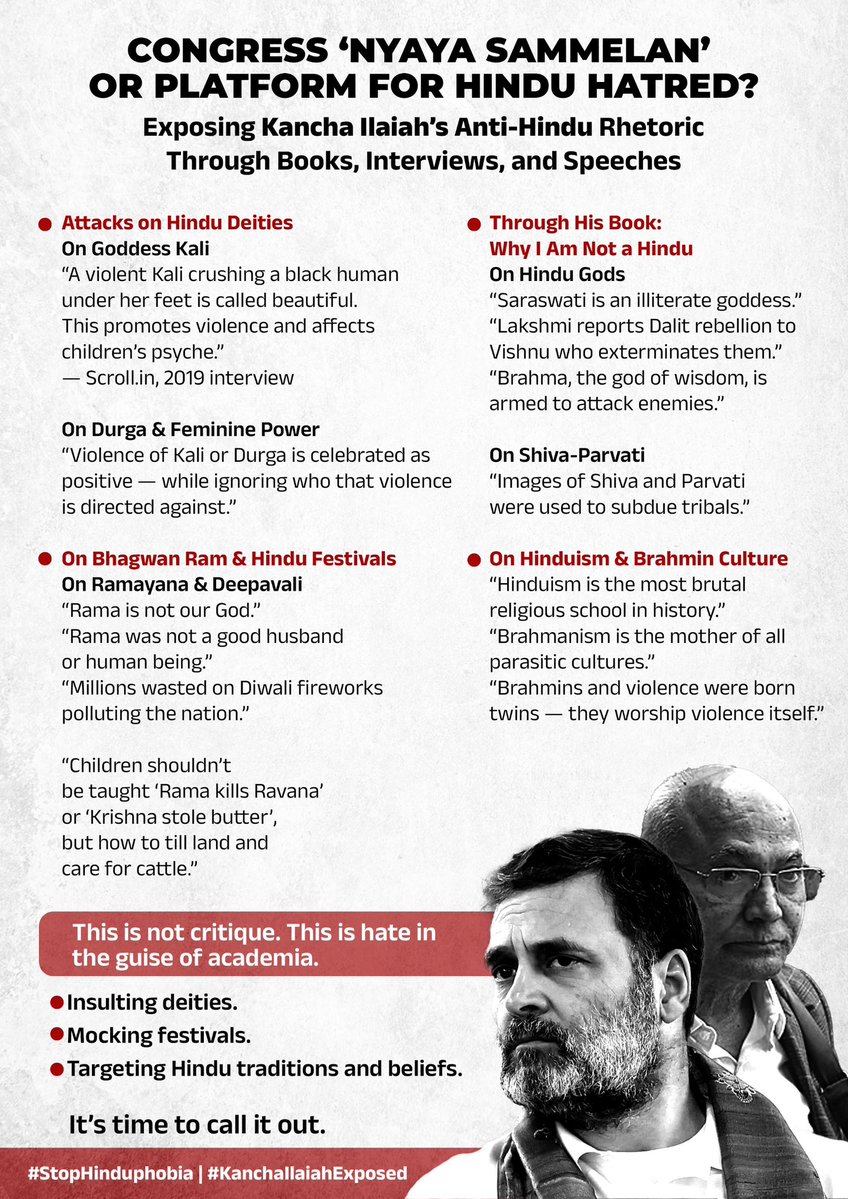 The intent of Congress’s “Bhagidari Nyay Sammelan” is under the scanner because of who they chose to promote.

Kancha Ilaiah, notorious for his open contempt for Hinduism, its deities, and cultural practices, was given centre stage. His record of insulting Hindu gods and
