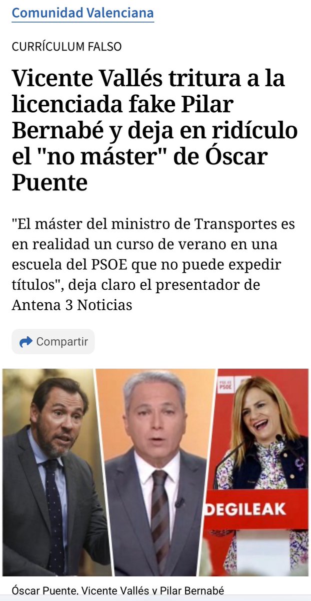 Pableraso's tweet image. Vicente Vallés tritura a la licenciada fake Pilar Bernabé y deja en ridículo el "no máster" de Óscar Puente
"El máster del ministro de Transportes es en realidad un curso de verano en una escuela del PSOE que no puede expedir títulos", deja claro el presentador de Antena 3