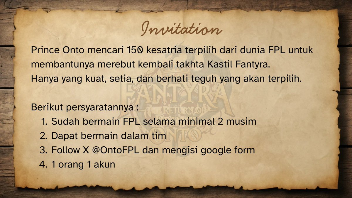 OntoFPL 🇮🇩 (@ontofpl) on Twitter photo Fantyra : The Return of Prince Onto resmi dibuka!
Total hadiah : 500ribu (dapat bertambah jika ada sponsor)
Cek persyaratannya dan daftarkan segera, slot terbatas!
Link google form : bit.ly/FantyraOnto
cc : <a href="/pisangij01/">FPL Liga Pisangijo</a>
#FantyraOnto Fantyra : The Return of Prince Onto resmi dibuka!
Total hadiah : 500ribu (dapat bertambah jika ada sponsor)
Cek persyaratannya dan daftarkan segera, slot terbatas!
Link google form : bit.ly/FantyraOnto
cc : <a href="/pisangij01/">FPL Liga Pisangijo</a>
#FantyraOnto