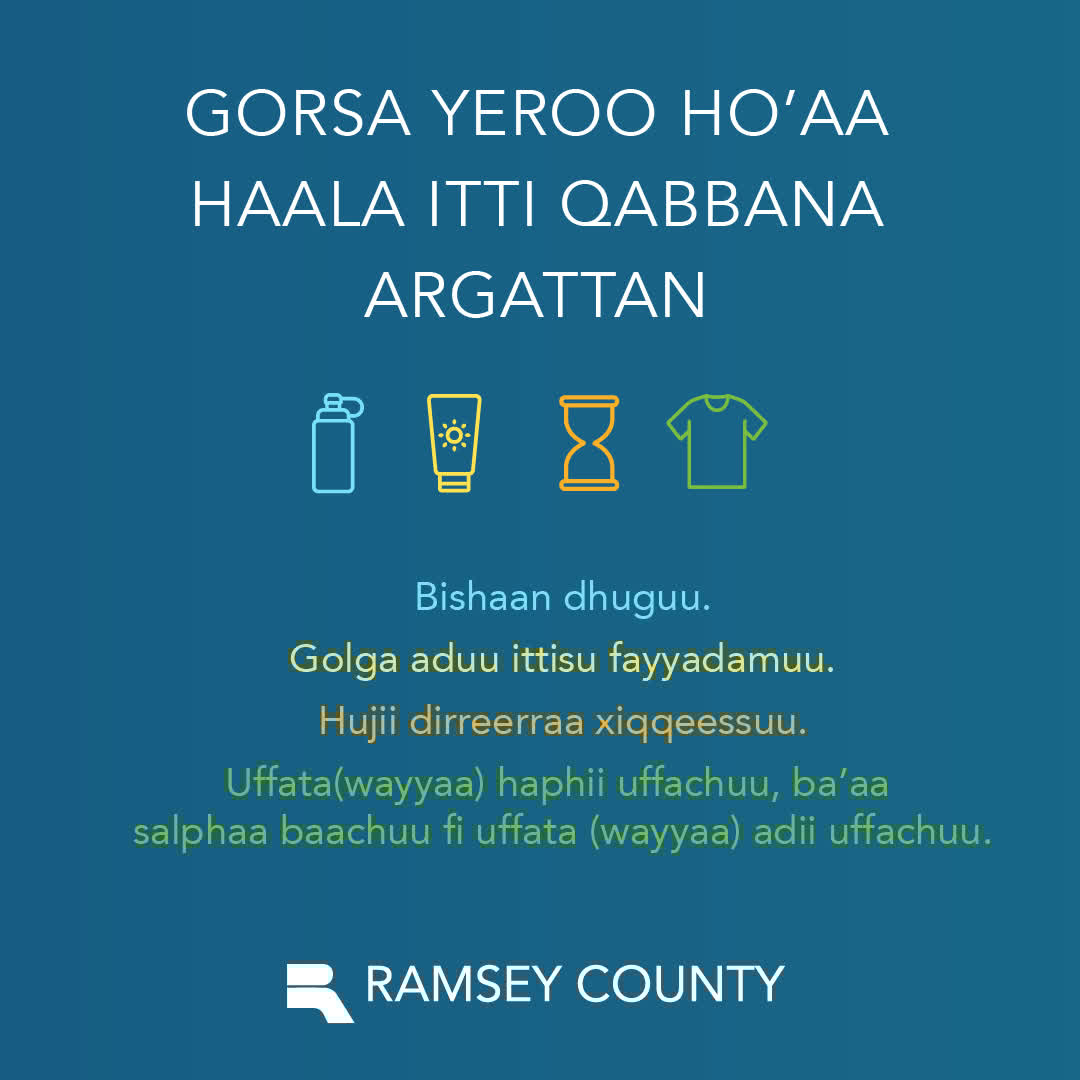 RamseyCounty's tweet image. During hot weather, take these steps to stay cool in the heat:
▪ Drink water.
▪ Use sunscreen.
▪ Limit outdoor activity.
▪ Wear loose, lightweight clothing.
Learn more: ramseycounty.us/ExtremeHeat