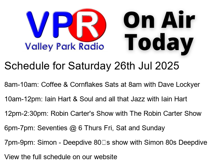 Valleyparkradio's tweet image. 馃摶 #OnAir today:
馃晽 8am: Coffee & Cornflakes Sats at 8am with dave.lockyer@hotmail.co.uk
馃暀 10am: Hart and Soul & all the Jazz with Iain Hart
馃暃 12pm: Robin Carter's Show with The Robin Carter...
#HospitalRadio #OnAir #ListenLocal #ValleyParkRadio
bit.ly/vprweb