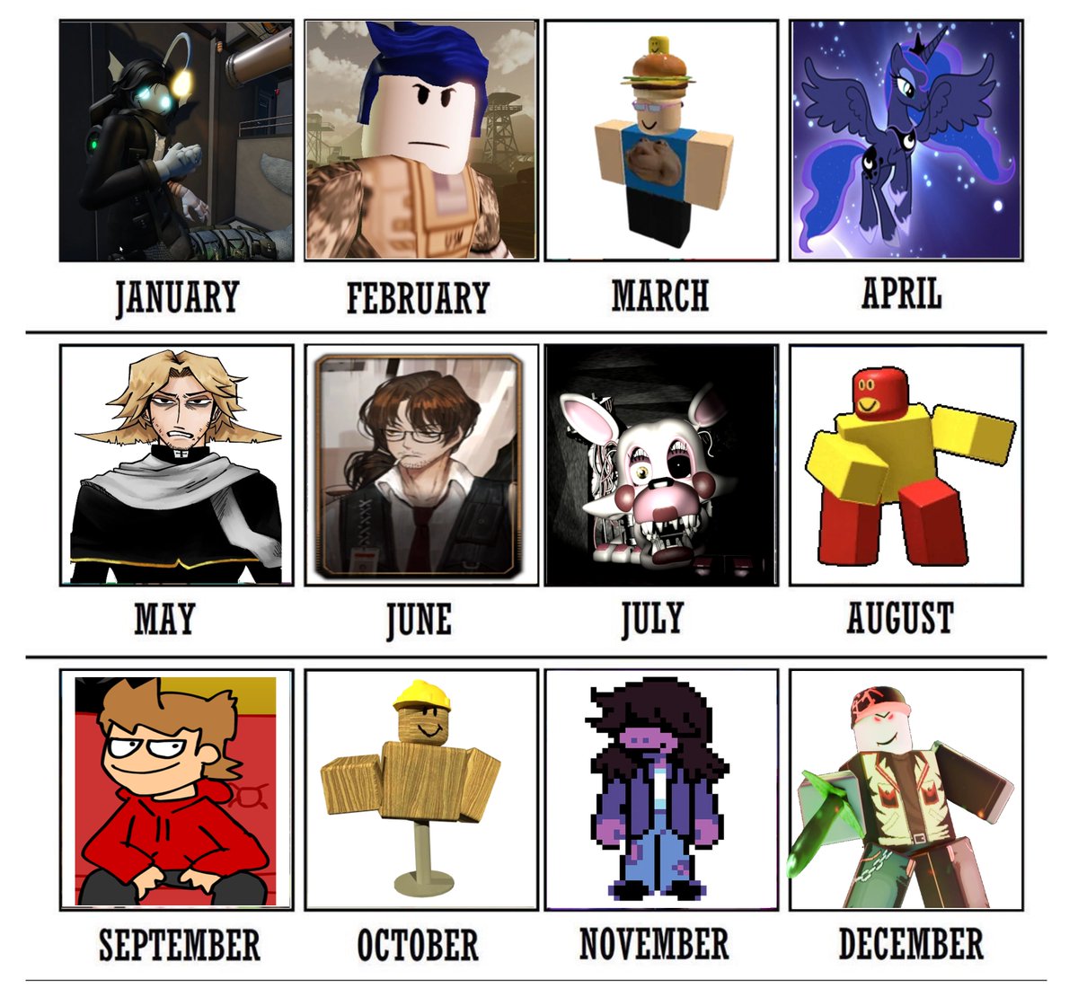 lunadrawsig's tweet image. your month my fav character but im stupid and gay and most of them are roblox