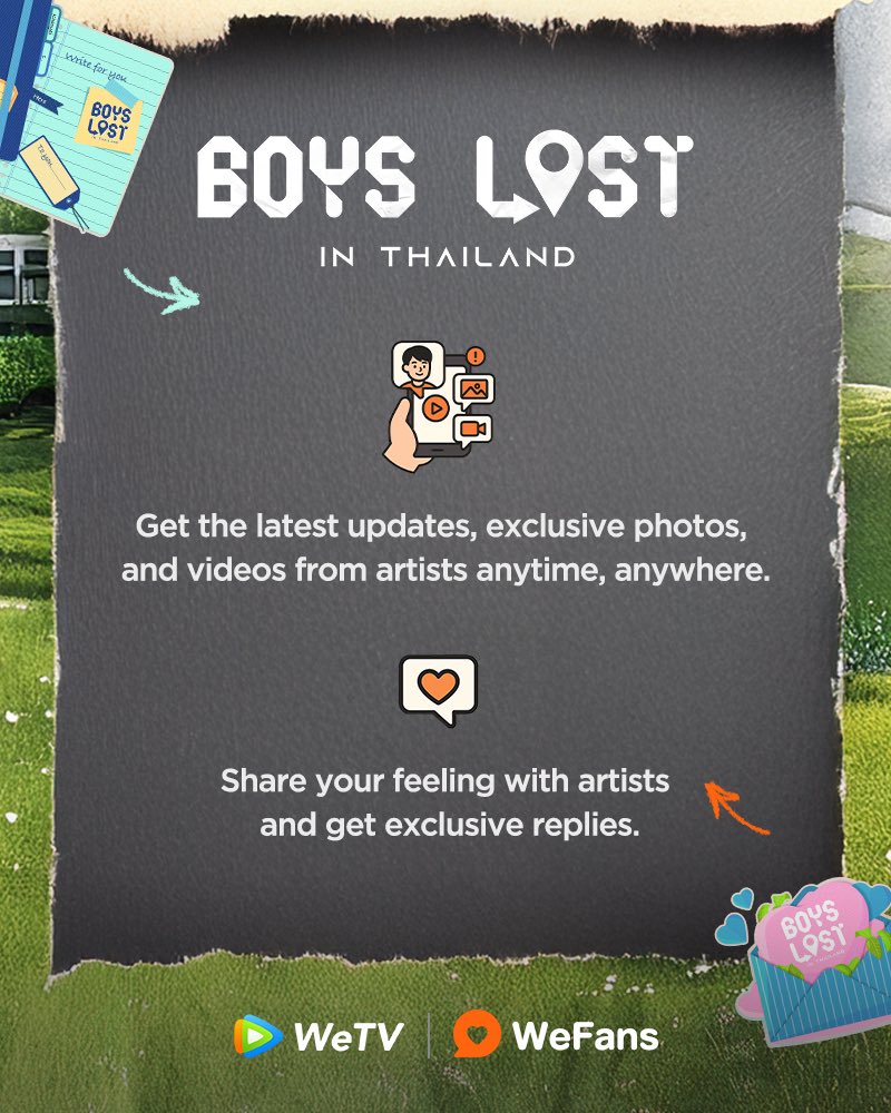 WeTVOfficial's tweet image. 💞Get Closer with #BoysLostinThailand
Subscribe “We Fans” Now!
🔎See exclusive artists’ contents!
💌 Chat with artists and get surprise replies!
📌 Join now: tenvideoi18n://wetv/starFansDoki?channelType=11
🔔Please update WeTV app to the latest version 5.26.5.