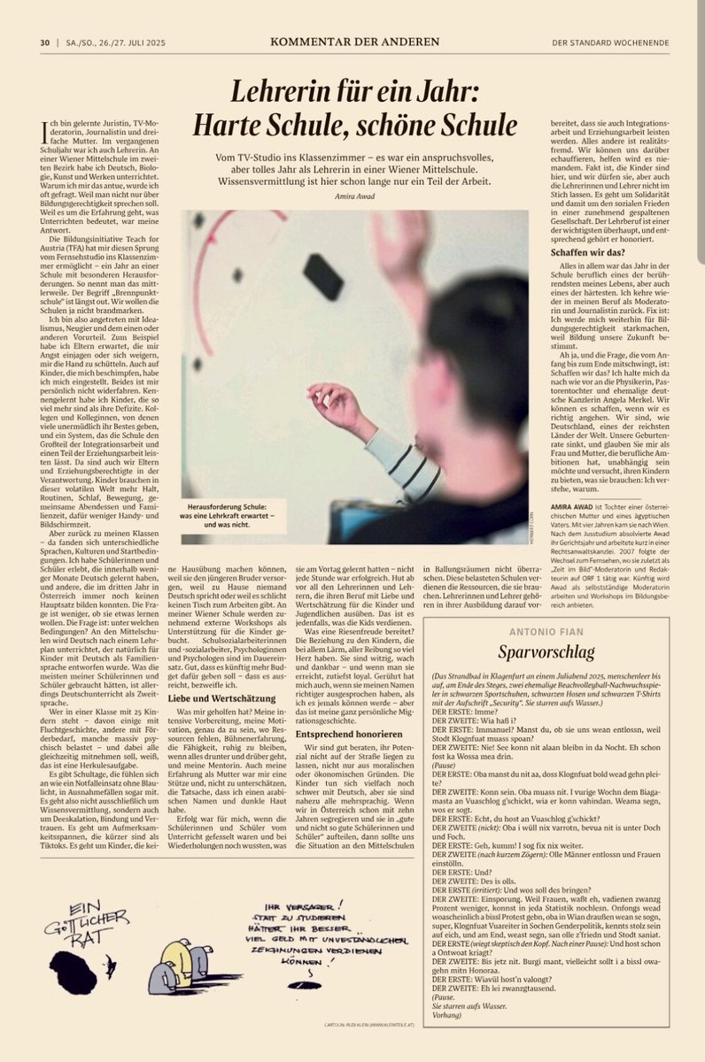 Hannes Grünbichler (@hgrunbichler) on Twitter photo Was Lehrer und Lehrerinnen so machen, darüber schreibt <a href="/amiraawadvienna/">Amira Awad</a> im <a href="/derStandardat/">DER STANDARD</a>. #Lesenswert.
Vielleicht wird dann auch klar, warum Lehrerinnen und Lehrer Ferien brauchen. Zeit der Regeneration. Sonst ginge es nicht, all die Jahre ... Was Lehrer und Lehrerinnen so machen, darüber schreibt <a href="/amiraawadvienna/">Amira Awad</a> im <a href="/derStandardat/">DER STANDARD</a>. #Lesenswert.
Vielleicht wird dann auch klar, warum Lehrerinnen und Lehrer Ferien brauchen. Zeit der Regeneration. Sonst ginge es nicht, all die Jahre ...