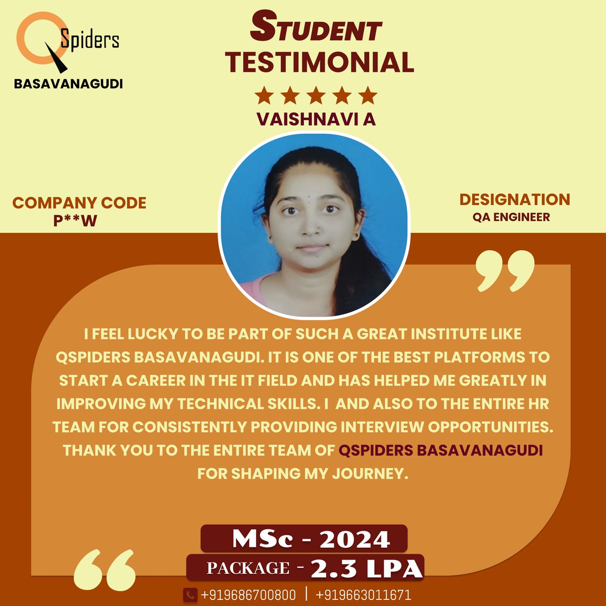 QSpiders__BTR's tweet image. 🌟 Big congratulations to Vaishnavi A on starting her journey as a QA Engineer with a package of 2.3 LPA! 🎉

#MSc2024 #QSpidersBasavanagudi #QATester #PlacementSuccess #CareerLaunch #ITCareer #StudentSuccess #QAEngineer #QSpiders
