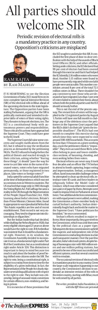 “The occasional revision of electoral rolls is a mandatory practice in any country. Given the large-scale migration happening in our country, the Commission’s decision to undertake an intensive revision of the rolls in the entire country, starting with Bihar, must be welcomed by