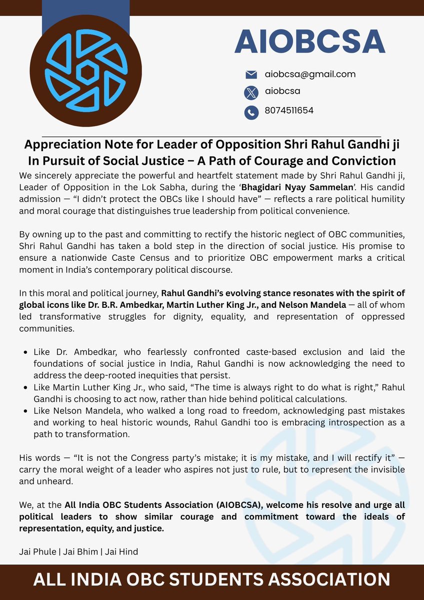 aiobcsa's tweet image. Appreciation Note for Leader of Opposition Shri Rahul Gandhi ji
In Pursuit of Social Justice – A Path of Courage and Conviction. We all hope to see you in greater positions for implementing the agenda of Social Justice in the country. 

@RahulGandhi @DrJaihind @INCIndia