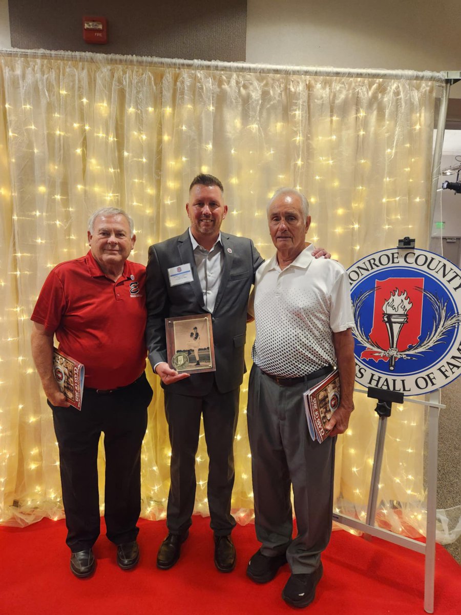 Newest Monroe County Sports Hall of Fame inductee Andy Anderson pictured with his dad and long time pitching coach Tom Anderson and Coach Jones at tonight’s ceremony at the Bloomington Convention Center.