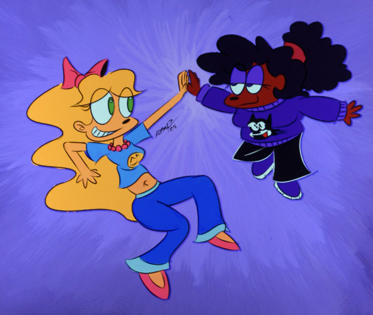 PajamaFrix's tweet image. art fight attack #7: @infinite_object's sydney & helix (as if it were a cartoon from the 90s/80s)