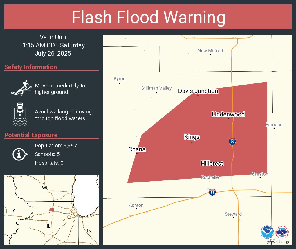 NWSFlashFlood's tweet image. Flash Flood Warning continues for Davis Junction IL, Hillcrest IL and Monroe Center IL until 1:15 AM CDT