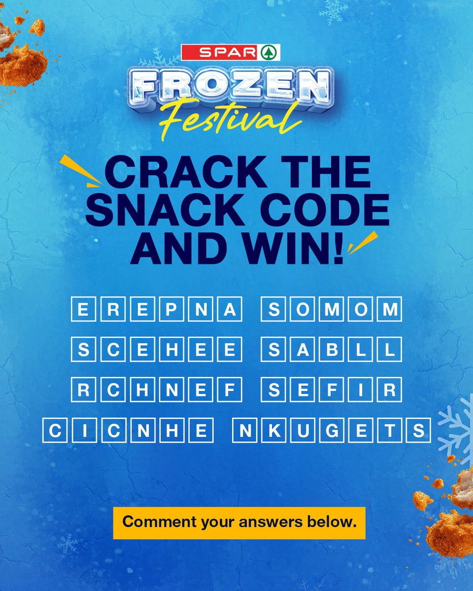 #FrozenFestival #ContestAlert Comment your answers below &amp; stay tuned for the prize reveal! 
How to Enter:
Unscramble the snacks below!
Comment your answers. Follow SPAR and share it in your story.
Tag a friend who loves frozen snacks as you do!
Tagged friends should follow SPAR