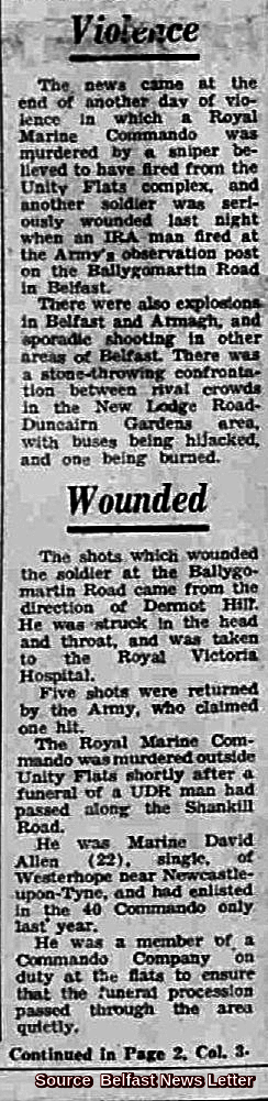 OnThisDayPIRA's tweet image. #OnThisDay in 1972 the IRA murdered Lennard (David) Allan, 22. Royal Marine shot in his head at Unity Flats, N Belfast, while on duty at UDR soldier, Robert McComb’s funeral - murdered by IRA on 23/7/1972. Bullet passed through Marine Allan & hit another soldier on the chin #OTD
