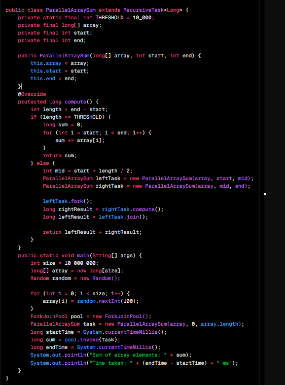 gutsOfDarkness8's tweet image. Parallel Sum of Large Arrays Using Java Fork/Join Framework:
This program demonstrates how to use Java’s Fork/Join Framework (java.util.concurrent) to efficiently sum a large array by recursively splitting the task into smaller subtasks that can run in parallel. The RecursiveTask…