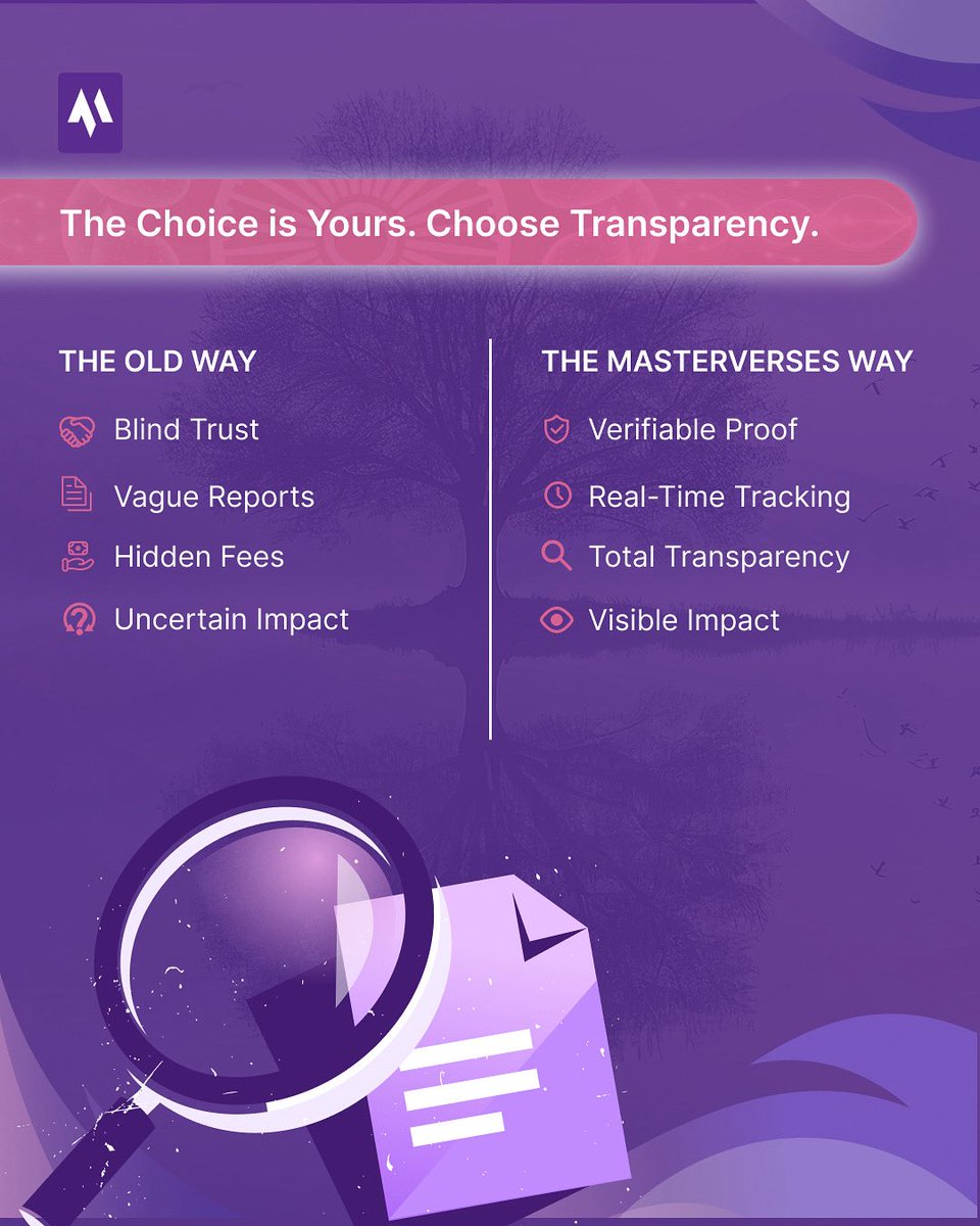The old way of giving? Blind trust.
The Masterverses way? Proof, clarity, and real impact.
Charity shouldn’t be a guessing game.
Choose transparency. Choose Masterverses.

#Masterverses #VerifiedGiving #ChooseTransparency #Web3ForGood