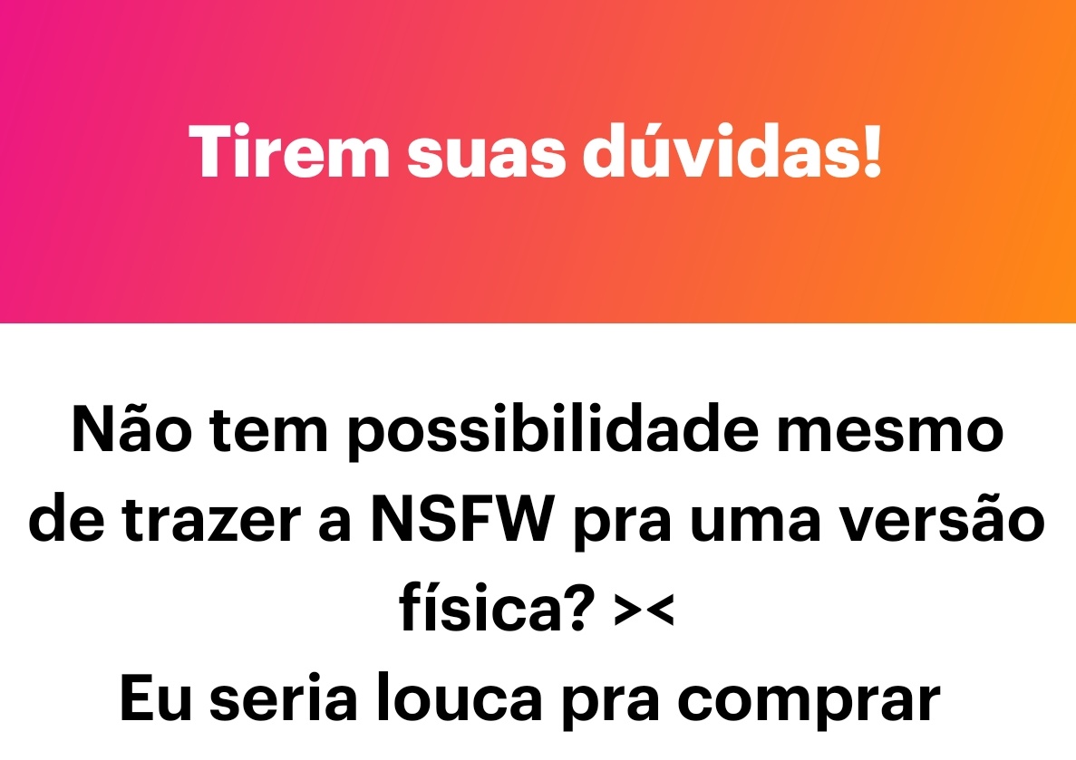 jayvikzineBR's tweet image. Infelizmente não será possível. Muita gente tem receio de ter livros desse tipo em casa, o que diminui muito a procura e nós precisamos de uma quantidade alta para viabilizar a produção e venda em preço justo :(
Até zines enormes optam por versões NSFW digitais por causa disso.