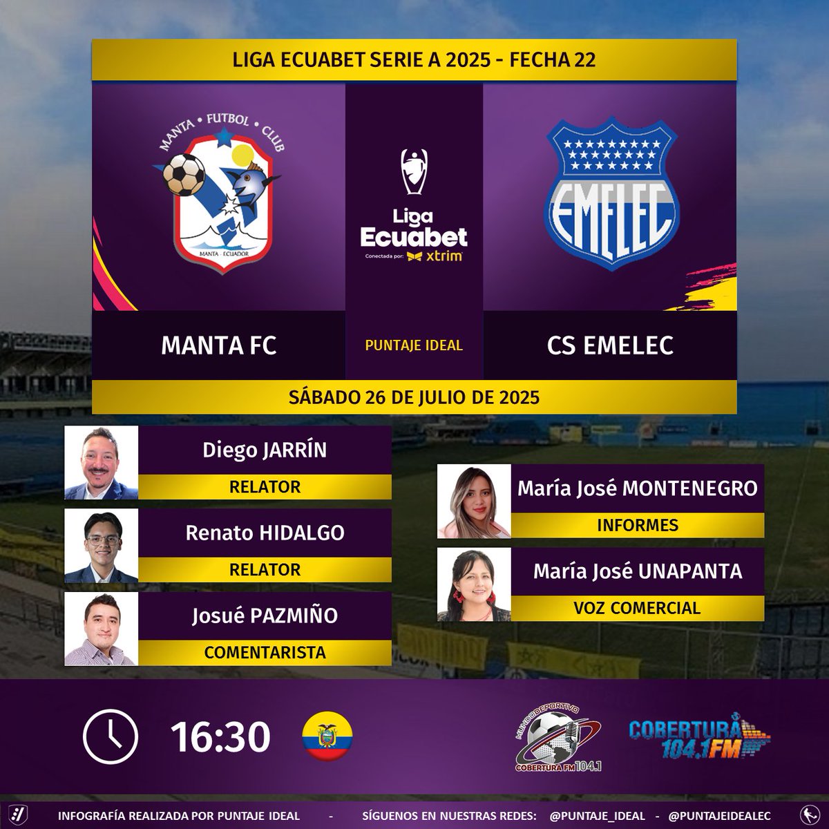 Puntaje Ideal EC (@puntajeidealec) on Twitter photo ⚽ #LigaEcuabet 🇪🇨 | #Manta vs. #Emelec
🎙 Relatores: <a href="/diegojarrin10/">Diego Jarrín</a> - <a href="/rxhidalgo_/">Renato Hidalgo</a>
🎙 Comentarista: <a href="/josuepazmino89/">Josué Pazmiño F.</a>
📋 Informes: <a href="/soymajomb/">María José Montenegro</a>
🎙 Voz Comercial: <a href="/UnapantaJo5173/">María José Unapanta Mullo</a>
📻 <a href="/MundoDeporEC/">MUNDO DEPORTIVO EC 🇪🇨</a> en <a href="/CoberturaFM/">Cobertura FM 104.1 FM</a>
🤳 #MundoDeportivoEC
Dale RT 🔃 ⚽ #LigaEcuabet 🇪🇨 | #Manta vs. #Emelec
🎙 Relatores: <a href="/diegojarrin10/">Diego Jarrín</a> - <a href="/rxhidalgo_/">Renato Hidalgo</a>
🎙 Comentarista: <a href="/josuepazmino89/">Josué Pazmiño F.</a>
📋 Informes: <a href="/soymajomb/">María José Montenegro</a>
🎙 Voz Comercial: <a href="/UnapantaJo5173/">María José Unapanta Mullo</a>
📻 <a href="/MundoDeporEC/">MUNDO DEPORTIVO EC 🇪🇨</a> en <a href="/CoberturaFM/">Cobertura FM 104.1 FM</a>
🤳 #MundoDeportivoEC
Dale RT 🔃
