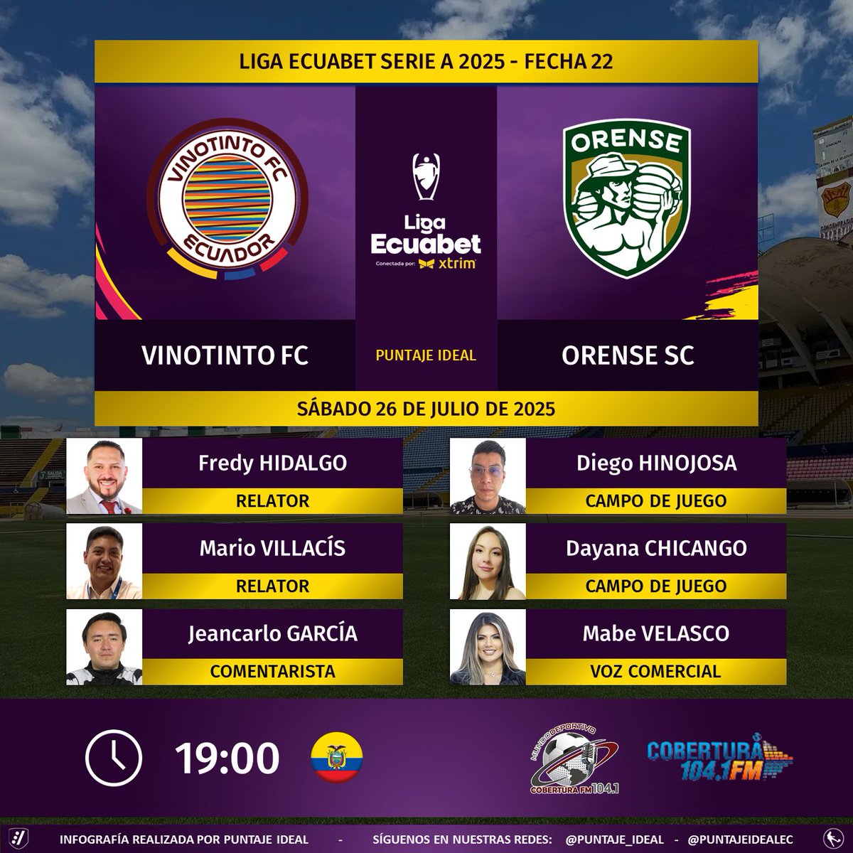 Puntaje Ideal EC (@puntajeidealec) on Twitter photo ⚽ #LigaEcuabet 🇪🇨 | #Vinotinto vs. #Orense
🎙 Relatores: <a href="/FPHidalgo/">Fredy Patricio Hidalgo</a> - <a href="/MarioVillacisG/">VillaSports</a>
🎙 Comentarista: <a href="/jeanca1603/">Jeancarlo garcia</a>
⛳️ Campo de juego: <a href="/diegohino12/">Diego Hinojosa</a> - <a href="/ChicangoDayana/">Dayana Chicango</a>
🎙 Voz Comercial: <a href="/mabe_velasco/">Mabe</a>
📻 <a href="/MundoDeporEC/">MUNDO DEPORTIVO EC 🇪🇨</a> en <a href="/CoberturaFM/">Cobertura FM 104.1 FM</a>
🤳 #MundoDeportivoEC
Dale RT 🔃 ⚽ #LigaEcuabet 🇪🇨 | #Vinotinto vs. #Orense
🎙 Relatores: <a href="/FPHidalgo/">Fredy Patricio Hidalgo</a> - <a href="/MarioVillacisG/">VillaSports</a>
🎙 Comentarista: <a href="/jeanca1603/">Jeancarlo garcia</a>
⛳️ Campo de juego: <a href="/diegohino12/">Diego Hinojosa</a> - <a href="/ChicangoDayana/">Dayana Chicango</a>
🎙 Voz Comercial: <a href="/mabe_velasco/">Mabe</a>
📻 <a href="/MundoDeporEC/">MUNDO DEPORTIVO EC 🇪🇨</a> en <a href="/CoberturaFM/">Cobertura FM 104.1 FM</a>
🤳 #MundoDeportivoEC
Dale RT 🔃
