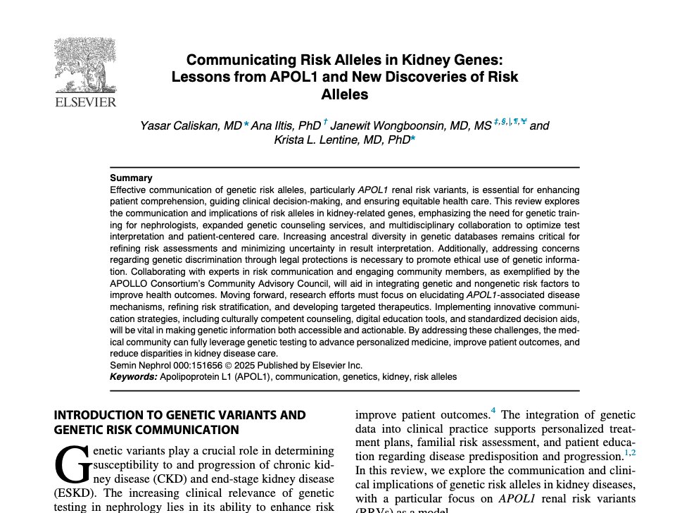 Yasar Caliskan (@yasar_caliskan) on Twitter photo New article out! "Communicating Risk Alleles in Kidney Genes: Lessons from APOL1 and New Discoveries of Risk Alleles" We explore the evolving landscape of genetic risk communication in nephrology.<a href="/KristaLentine/">Krista Lentine, MD,PhD | FASN | FAST</a> <a href="/janewitwong/">Janewit Wongboonsin, MD, MS</a>
📖 Read here: authors.elsevier.com/a/1lTNPzcYo6Chm New article out! "Communicating Risk Alleles in Kidney Genes: Lessons from APOL1 and New Discoveries of Risk Alleles" We explore the evolving landscape of genetic risk communication in nephrology.<a href="/KristaLentine/">Krista Lentine, MD,PhD | FASN | FAST</a> <a href="/janewitwong/">Janewit Wongboonsin, MD, MS</a>
📖 Read here: authors.elsevier.com/a/1lTNPzcYo6Chm
