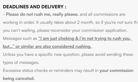 CHABi_KiM's tweet image. Due to frequent reminders/checking messages about commissions, I’ve updated my TOS.
Please note that repeated status checks or “not trying to rush, but” messages can disrupt my workflow.
Check the TOS before ordering, and let’s have a smooth, respectful commission experience! 🙏