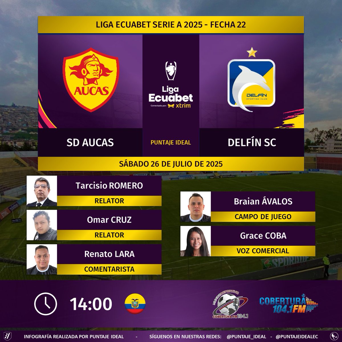 Puntaje Ideal EC (@puntajeidealec) on Twitter photo ⚽ #LigaEcuabet 🇪🇨 | #Aucas vs. #Delfín
🎙 Relatores: <a href="/TarcisioRomero/">Tarcisio Romero</a> - <a href="/capuchon_sports/">OMAR CRUZ (Capuchon)</a>
🎙 Comentarista: <a href="/RenatoLara6/">Renato Lara</a>
⛳️ Campo de juego: <a href="/Braian_AvalosG/">Braian Andrés Avalos</a>
🎙 Voz Comercial: <a href="/gracewalker_23/">Grace Coba Yar</a>
📻 <a href="/MundoDeporEC/">MUNDO DEPORTIVO EC 🇪🇨</a> en <a href="/CoberturaFM/">Cobertura FM 104.1 FM</a>
🤳 #MundoDeportivoEC
Dale RT 🔃 ⚽ #LigaEcuabet 🇪🇨 | #Aucas vs. #Delfín
🎙 Relatores: <a href="/TarcisioRomero/">Tarcisio Romero</a> - <a href="/capuchon_sports/">OMAR CRUZ (Capuchon)</a>
🎙 Comentarista: <a href="/RenatoLara6/">Renato Lara</a>
⛳️ Campo de juego: <a href="/Braian_AvalosG/">Braian Andrés Avalos</a>
🎙 Voz Comercial: <a href="/gracewalker_23/">Grace Coba Yar</a>
📻 <a href="/MundoDeporEC/">MUNDO DEPORTIVO EC 🇪🇨</a> en <a href="/CoberturaFM/">Cobertura FM 104.1 FM</a>
🤳 #MundoDeportivoEC
Dale RT 🔃