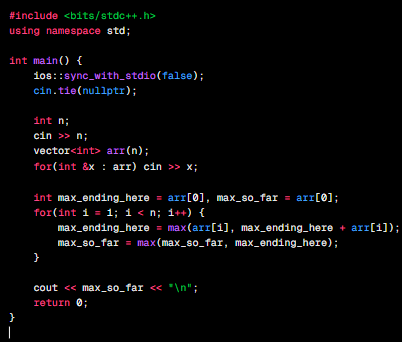 gutsOfDarkness8's tweet image. Maximum Subarray Sum:
Kadane’s Algorithm efficiently finds the maximum sum of a contiguous subarray in an integer array. It runs in linear time, making it optimal for large input sizes, and is a classic example of dynamic programming used frequently in competitive programming.
