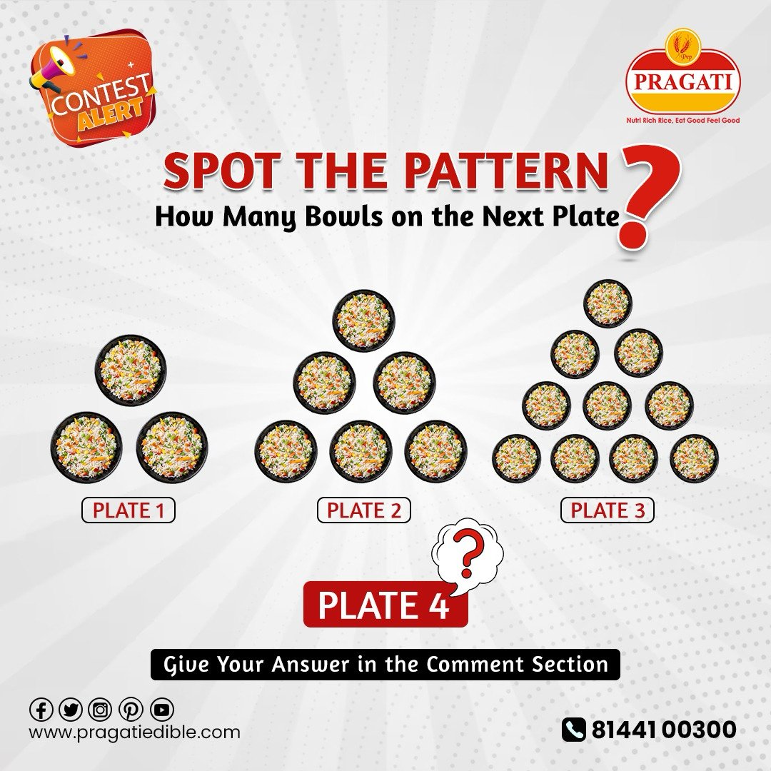 #ContestAlert 𝐒𝐏𝐎𝐓 𝐓𝐇𝐄 𝐏𝐀𝐓𝐓𝐄𝐑𝐍 and win 𝐀𝐦𝐚𝐳𝐢𝐧𝐠 𝐏𝐫𝐢𝐳𝐞𝐬! 🎉🏆

🔴 Like &amp; Share
🔴Comment 
🔴Tag 
🔴Review 
facebook.com/pragatiedible/…
🔔 Subscribe 
youtube.com/channel/UCfw6p…
.
.
.
#Pragati #Rice #NutriRichRice #GuessAndWin #ContestTime #LuckyWinner #PrizeAlert