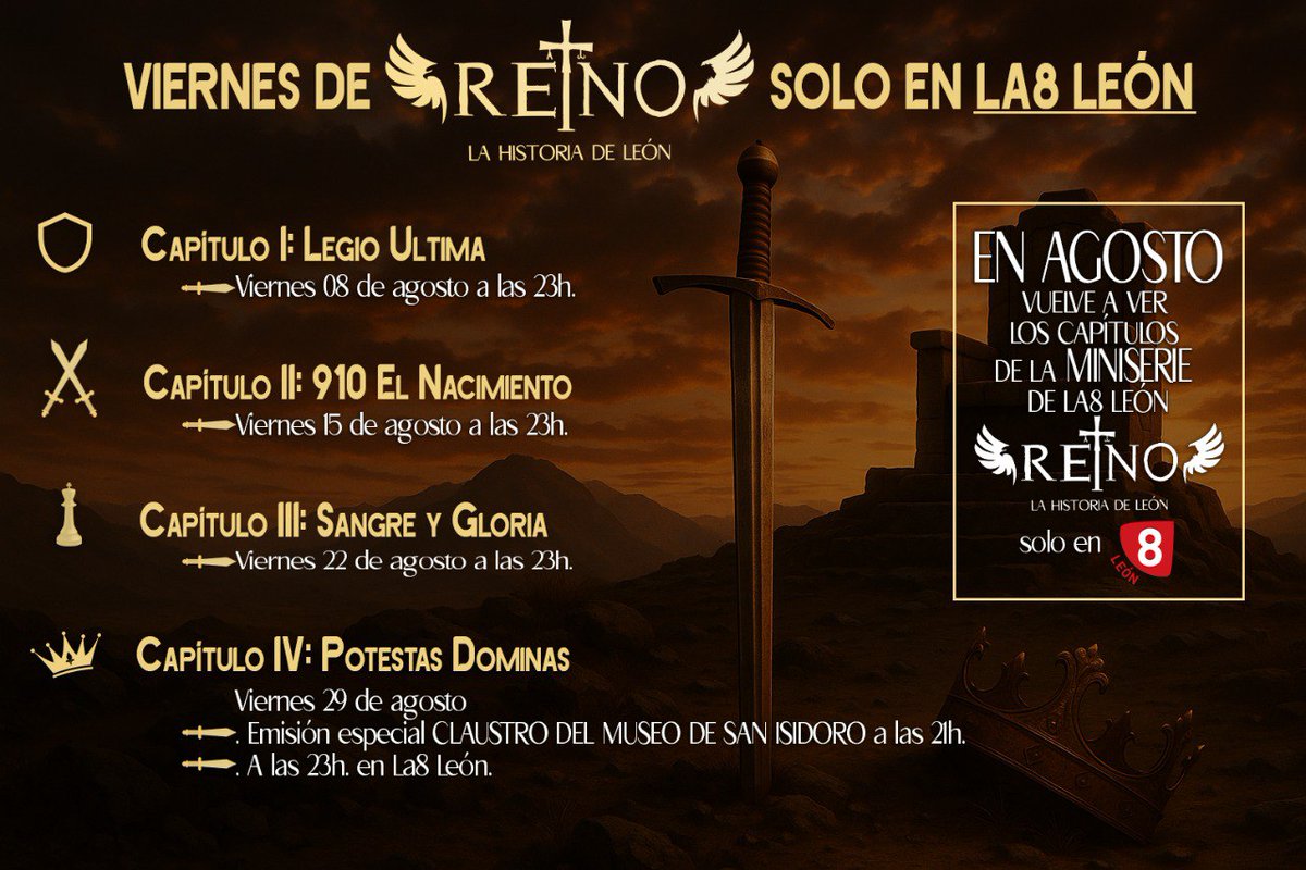 📢 Tenemos buenas noticias!!!
📺 Este mes de AGOSTO... los viernes son de REINO, LA HISTORIA DE LEÓN en @la8leon !!

Y además... vuelve el Cinefórum al Museo de San Isidoro. Próximamente te daremos más información.

#leonesp #leon #Reino #historia #HistoriaDeLeon #ReinoDeLeon