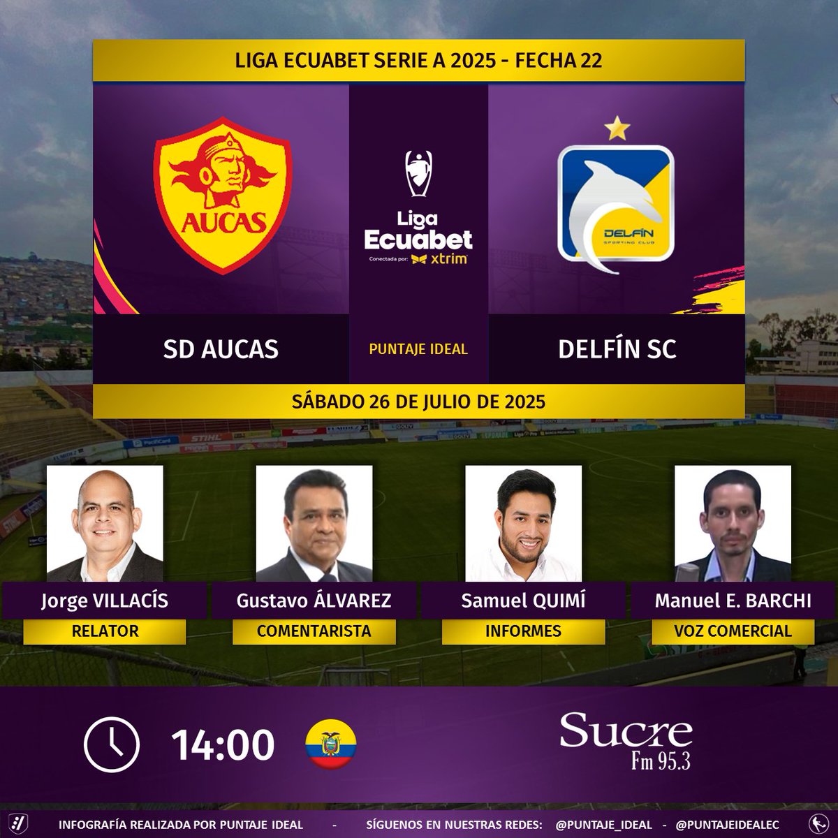 Puntaje Ideal EC (@puntajeidealec) on Twitter photo ⚽ #LigaEcuabet 🇪🇨 | #Aucas vs. #Delfín
🎙 Relator: <a href="/exgordovillacis/">Ex gorditovillacis</a>
🎙 Comentaristas: <a href="/tavoalvarez21/">Gustavo Alvarez Ávila.</a> - Samuel Quimí
🎙 Voz comercial: Manuel Eduardo Barchi
📻 <a href="/sucrefmdeportes/">Sucre FM 95.3 📻</a>
🤳 #DeportesEnSucreFM
Dale RT 🔃 ⚽ #LigaEcuabet 🇪🇨 | #Aucas vs. #Delfín
🎙 Relator: <a href="/exgordovillacis/">Ex gorditovillacis</a>
🎙 Comentaristas: <a href="/tavoalvarez21/">Gustavo Alvarez Ávila.</a> - Samuel Quimí
🎙 Voz comercial: Manuel Eduardo Barchi
📻 <a href="/sucrefmdeportes/">Sucre FM 95.3 📻</a>
🤳 #DeportesEnSucreFM
Dale RT 🔃