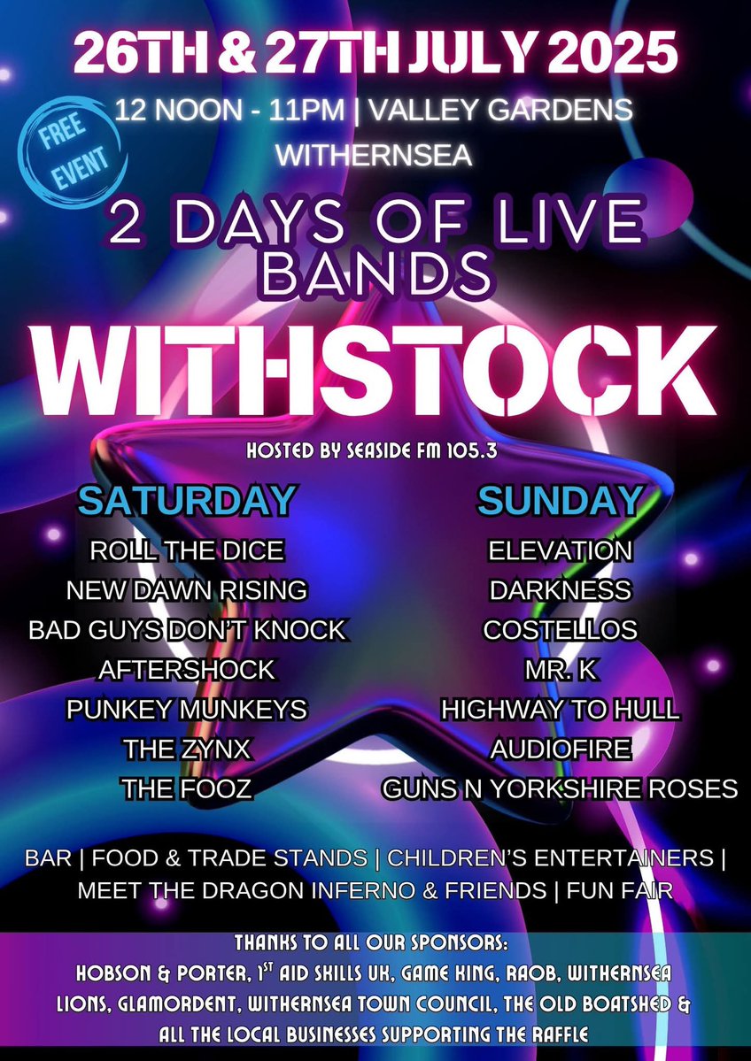 seaside1053's tweet image. Great DIARY TIP from @seaside1053 - it’s Day 1 today of WithStock hosted by radio’s our @alexbcann with @WithernseaTC part of our Summer of Fun with @flamingolanduk