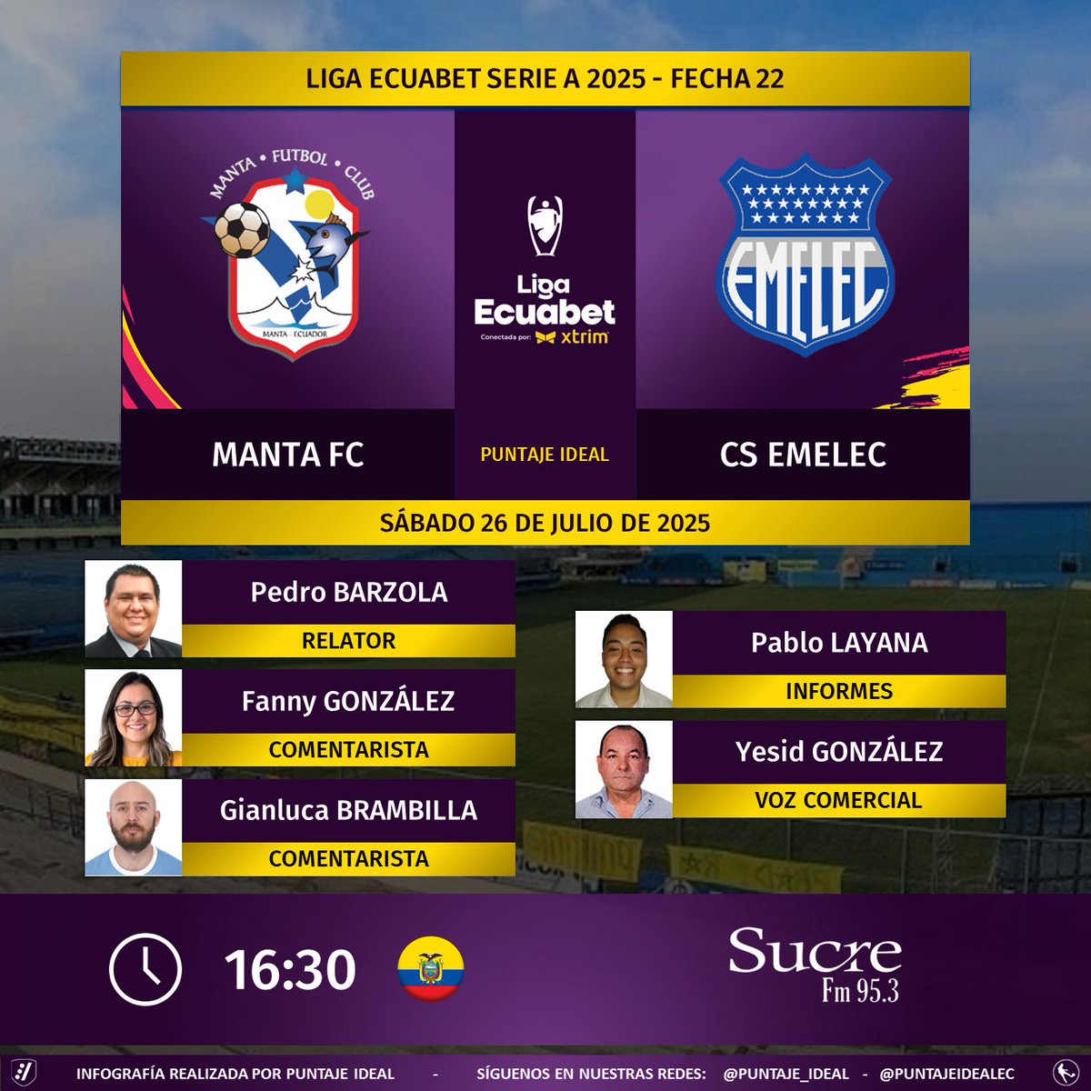 Puntaje Ideal EC (@puntajeidealec) on Twitter photo ⚽ #LigaEcuabet 🇪🇨 | #Manta vs. #Emelec
🎙 Relator: <a href="/PedroBarzolaG/">Pedro Barzola Gómez</a>
🎙 Comentaristas: <a href="/FannyGonzalezV/">Fanny González</a> - <a href="/GNLC30/">Gianluca Brambilla</a>
📋 Informes: <a href="/pablo_layana/">Pablo Layana</a>
🎙 Voz comercial: Yesid González
📻 <a href="/sucrefmdeportes/">Sucre FM 95.3 📻</a>
🤳 #DeportesEnSucreFM
Dale RT 🔃 ⚽ #LigaEcuabet 🇪🇨 | #Manta vs. #Emelec
🎙 Relator: <a href="/PedroBarzolaG/">Pedro Barzola Gómez</a>
🎙 Comentaristas: <a href="/FannyGonzalezV/">Fanny González</a> - <a href="/GNLC30/">Gianluca Brambilla</a>
📋 Informes: <a href="/pablo_layana/">Pablo Layana</a>
🎙 Voz comercial: Yesid González
📻 <a href="/sucrefmdeportes/">Sucre FM 95.3 📻</a>
🤳 #DeportesEnSucreFM
Dale RT 🔃