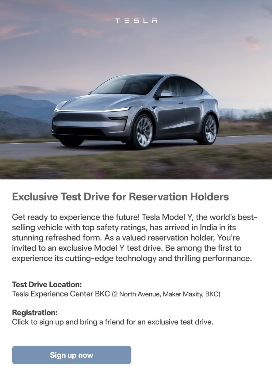 TeslaClubIN's tweet image. Tesla is finally inviting 2016 @Tesla_India reservation holders for Model Y exclusive test drives at their Mumbai Showroom ⚡⚡
If you are a reservation holder, check your email. @elonmusk
