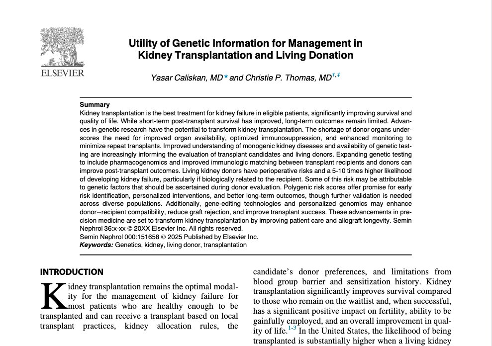 🧬 New publication! "Utility of Genetic Information for Management in Kidney Transplantation and Living Donation"
We discuss how genetic testing informs kidney transplantation, precision care and donor selection.
📄 Read here: authors.elsevier.com/a/1lRzTzcYo6Ci8
#Genetics #KidneyTransplant
