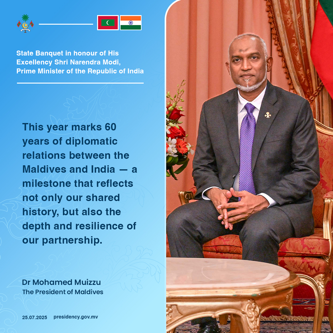 This year marks 60 years of diplomatic relations between the Maldives and India — a milestone that reflects not only our shared history, but also the depth and resilience of our partnership - President Dr Muizzu
  
#MaldivesIndia