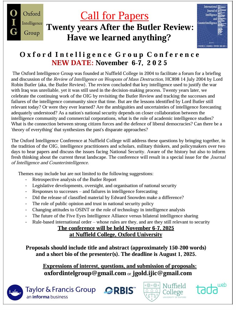 MuhanadSeloom's tweet image. Honoured to join leading scholars at Oxford Intelligence Group 2025. Drawing on captured Iraqi archives and insider interviews, my  paper shifts the lens of 2003: what if Saddam had opted for full transparency after 1991? The study tests that counterfactual. Join me on 6–7 Nov…