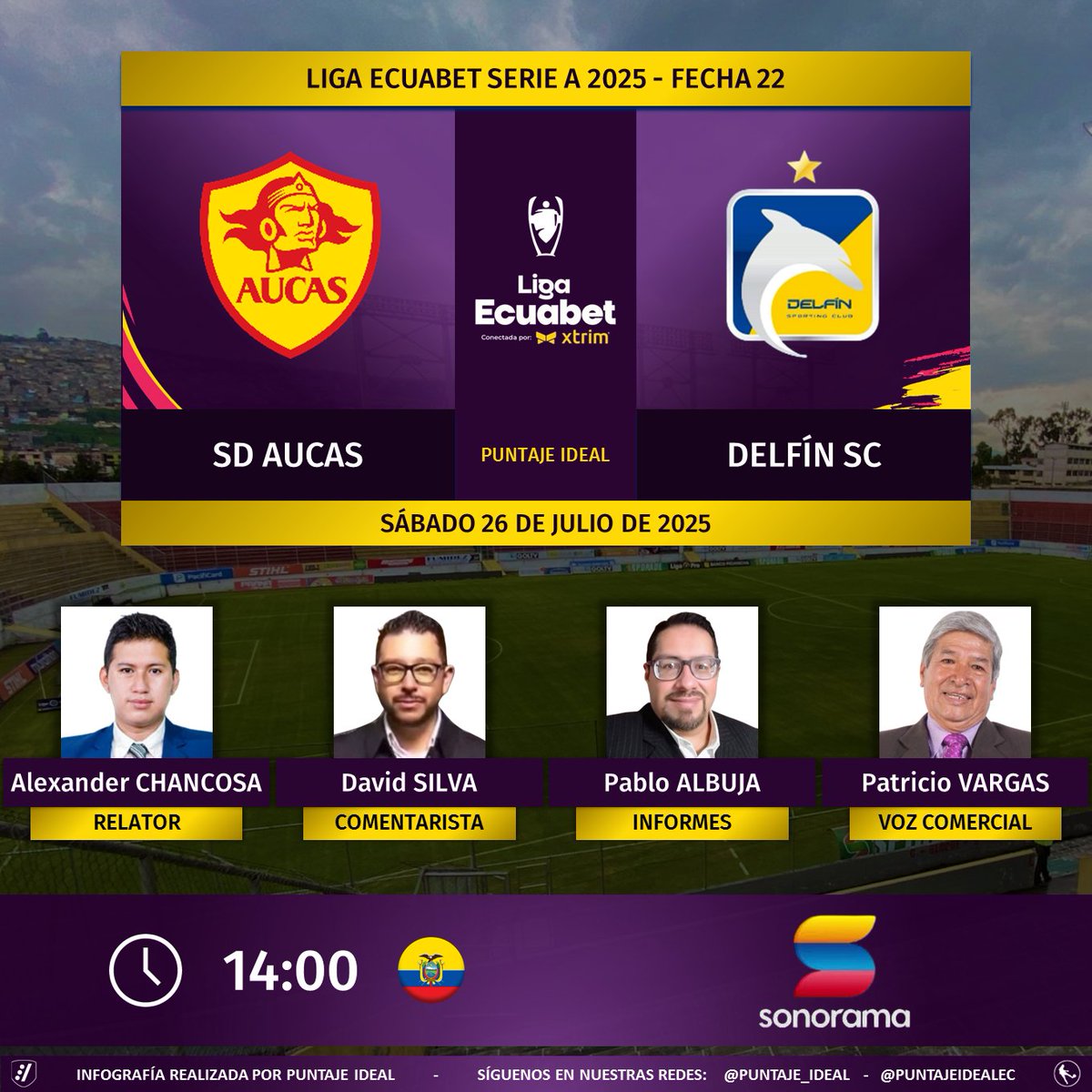 Puntaje Ideal EC (@puntajeidealec) on Twitter photo ⚽ #LigaEcuabet 🇪🇨 | #Aucas vs. #Delfín
🎙 Relator: Alexander Chancosa
🎙 Comentarista: <a href="/DavichoSilvaECU/">David Silva</a>
📋 Informes: <a href="/pablo_albuja/">Pablo Albuja Gonzales</a>
🎙 Voz comercial: Patricio Vargas
📻 <a href="/SonoramaEc/">Radio Sonorama - La Gran Señal Nacional</a>
🤳 #LaGranSeñalNacional
Dale RT 🔃 ⚽ #LigaEcuabet 🇪🇨 | #Aucas vs. #Delfín
🎙 Relator: Alexander Chancosa
🎙 Comentarista: <a href="/DavichoSilvaECU/">David Silva</a>
📋 Informes: <a href="/pablo_albuja/">Pablo Albuja Gonzales</a>
🎙 Voz comercial: Patricio Vargas
📻 <a href="/SonoramaEc/">Radio Sonorama - La Gran Señal Nacional</a>
🤳 #LaGranSeñalNacional
Dale RT 🔃