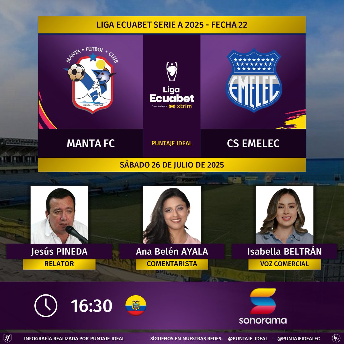 Puntaje Ideal EC (@puntajeidealec) on Twitter photo ⚽ #LigaEcuabet 🇪🇨 | #Manta vs. #Emelec
🎙 Relator: <a href="/el_chuypineda/">El_Chuy Pineda.</a>
🎙 Comentarista: <a href="/Abao0811/">Ana Belén Ayala Ordóñez</a>
🎙 Voz comercial: <a href="/mibeltran2001/">Isabela</a>
📻 <a href="/SonoramaEc/">Radio Sonorama - La Gran Señal Nacional</a>
🤳 #LaGranSeñalNacional
Dale RT 🔃 ⚽ #LigaEcuabet 🇪🇨 | #Manta vs. #Emelec
🎙 Relator: <a href="/el_chuypineda/">El_Chuy Pineda.</a>
🎙 Comentarista: <a href="/Abao0811/">Ana Belén Ayala Ordóñez</a>
🎙 Voz comercial: <a href="/mibeltran2001/">Isabela</a>
📻 <a href="/SonoramaEc/">Radio Sonorama - La Gran Señal Nacional</a>
🤳 #LaGranSeñalNacional
Dale RT 🔃