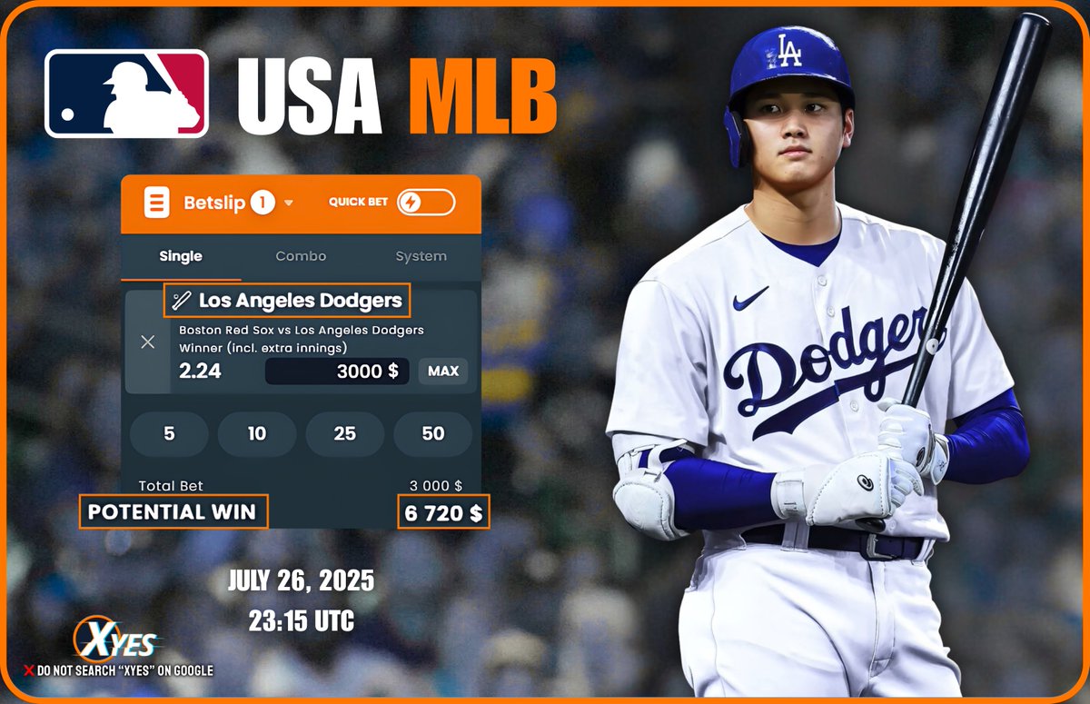 Xyes_com's tweet image. ⚾️ MLB Betslip Highlight: Boston Red Sox vs Los Angeles Dodgers!
Can the Sox shine at home or will the Dodgers dominate the diamond?🔥💥
Who’s your pick for this classic matchup?
📣 Bet now 👉xyes.com/referrals/4p6x0
#MLB2025 #RedSoxVsDodgers #XyesSports