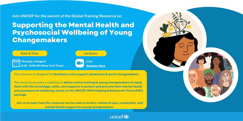 Yplus_Global's tweet image. New training alert‼️ Join us for the launch of Supporting the Mental Health &amp;amp; Psychosocial Wellbeing of Young Changemakers, a global resource by @UNICEF &amp;amp; the Youth-Led Action Learning Community.

📅 Monday, 4 August
🕣 08:30 (EST)/ 14:30 (CAT) | 1 hour
🔗unicef.zoom.us/webinar/regist…