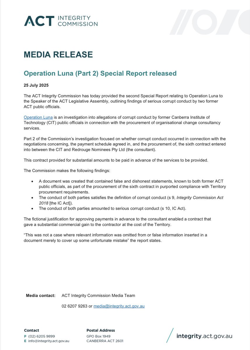 ElizabethLeeMLA's tweet image. “The conduct seriously undermined the probity of the procurement process, enabled a substantially unjustified contract, and, was directed to obstruct or hinder administrative and government oversight.”
Read the full report here 👉🏼 integrity.act.gov.au/__data/assets/…