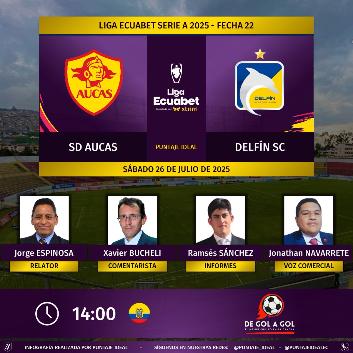 Puntaje Ideal EC (@puntajeidealec) on Twitter photo ⚽ #LigaEcuabet 🇪🇨 | #Aucas vs. #Delfín
🎙 Relator: <a href="/jedeportivo/">Jorge Pajarito Espinosa</a>
🎙 Comentarista: <a href="/XaviBuTe/">Xavier Bucheli</a>
📋 Informes: <a href="/RamsoS7/">Ramsy sanchez</a>
🎙 Voz Comercial: Jonathan Navarrete
💻📱<a href="/DeGolAGolEc/">DE GOL A GOL 🏆⚽🇪🇨</a> 🔉🎧 (Formato Radio)
FB: fb.com/DeGolaGolEcu
🤳 #DeGolAGol
Dale RT 🔃 ⚽ #LigaEcuabet 🇪🇨 | #Aucas vs. #Delfín
🎙 Relator: <a href="/jedeportivo/">Jorge Pajarito Espinosa</a>
🎙 Comentarista: <a href="/XaviBuTe/">Xavier Bucheli</a>
📋 Informes: <a href="/RamsoS7/">Ramsy sanchez</a>
🎙 Voz Comercial: Jonathan Navarrete
💻📱<a href="/DeGolAGolEc/">DE GOL A GOL 🏆⚽🇪🇨</a> 🔉🎧 (Formato Radio)
FB: fb.com/DeGolaGolEcu
🤳 #DeGolAGol
Dale RT 🔃
