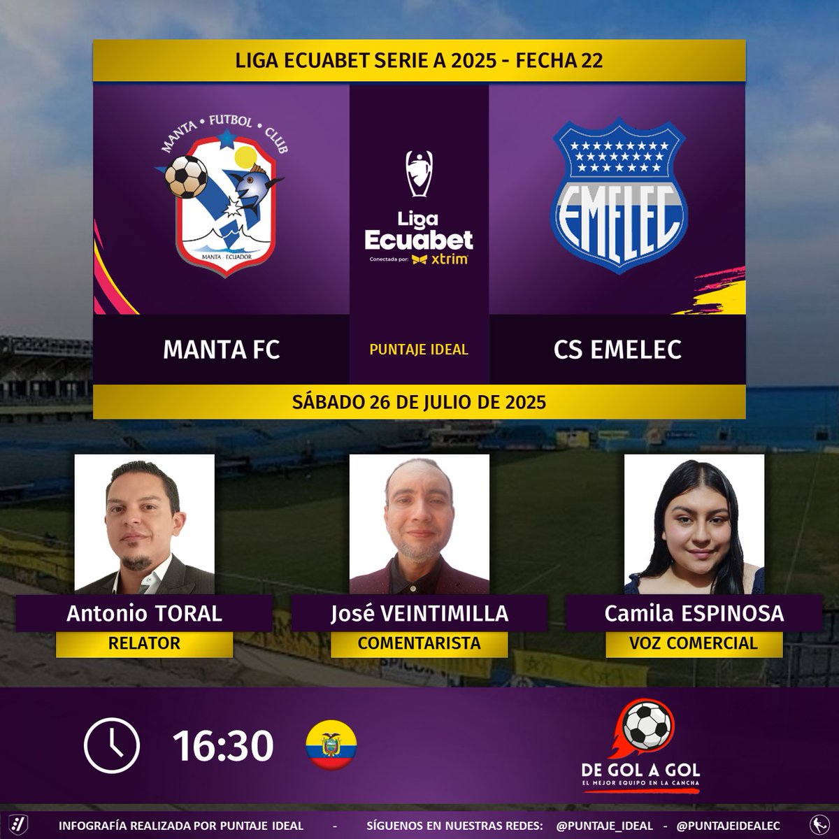 Puntaje Ideal EC (@puntajeidealec) on Twitter photo ⚽ #LigaEcuabet 🇪🇨 | #Manta vs. #Emelec
🎙 Relator: <a href="/AntoToral88/">Antonio Toral</a>
🎙 Comentarista: <a href="/JoseVeintimilla/">José Veintimilla</a>
🎙 Voz Comercial: Camila Espinosa
💻📱<a href="/DeGolAGolEc/">DE GOL A GOL 🏆⚽🇪🇨</a> 🔉🎧 (Formato Radio)
FB: fb.com/DeGolaGolEcu
🤳 #DeGolAGol
Dale RT 🔃 ⚽ #LigaEcuabet 🇪🇨 | #Manta vs. #Emelec
🎙 Relator: <a href="/AntoToral88/">Antonio Toral</a>
🎙 Comentarista: <a href="/JoseVeintimilla/">José Veintimilla</a>
🎙 Voz Comercial: Camila Espinosa
💻📱<a href="/DeGolAGolEc/">DE GOL A GOL 🏆⚽🇪🇨</a> 🔉🎧 (Formato Radio)
FB: fb.com/DeGolaGolEcu
🤳 #DeGolAGol
Dale RT 🔃