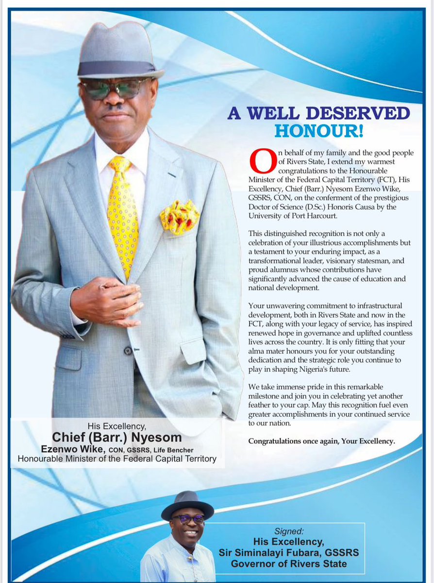 masiobi's tweet image. A WELL DESERVED HONOUR!
On behalf of my family and the good people of Rivers State, I extend my warmest congratulations to the Honourable Minister of the Federal Capital Territory (FCT), His Excellency, Chief (Barr.) Nyesom Ezenwo Wike, GSSRS, CON, on the conferment of the…
