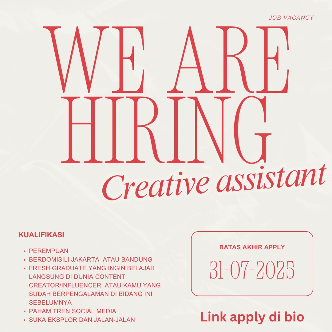 Temen-temen boleh bantu Help RT? 

Aku lagi open loker freelance creative Assistant selama 5 hari di Bandung/Jakarta.
Fee: Rp 3.000.000 untuk 5 hari
(Transportasi &amp; makan ditanggung, free makeup, skincare products ) 
#loker #lowongankerja