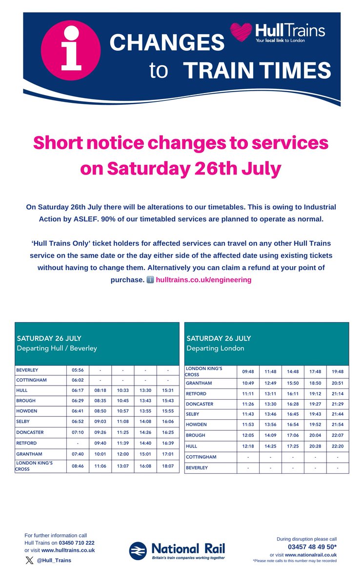 Hull_Trains's tweet image. There will be short notice changes to our timetable on Saturday 26th July. 90% of our timetabled services are planned to operate as normal. See our confirmed timetable below. Any changes will be communicated in advance. As always, we recommend checking before you travel.
Ticket…