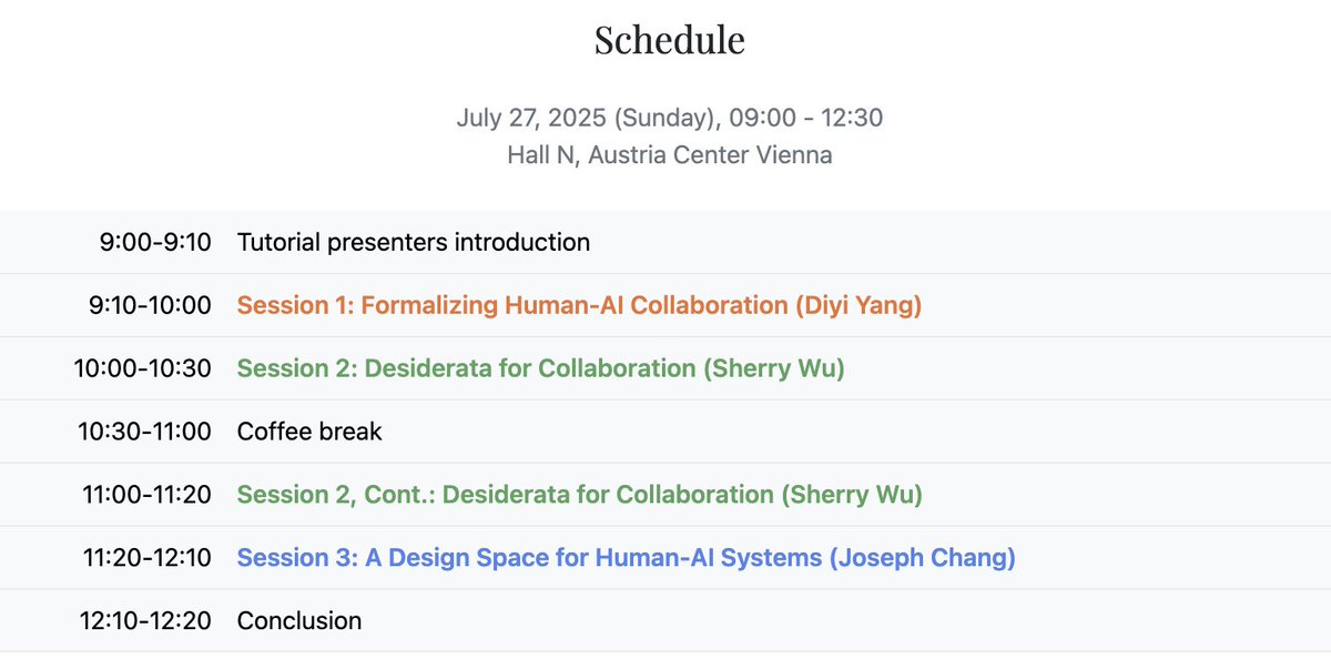 Sherry Tongshuang Wu (@tongshuangwu) on Twitter photo We all agree that AI models/agents should augment humans instead of replace us in many cases. But how do we pick when to have AI collaborators, and how do we build them? Come check out our #ACL2025NLP tutorial on Human-AI Collaboration w/ <a href="/Diyi_Yang/">Diyi Yang</a> <a href="/josephcc/">Joseph Chee Chang</a>, 📍7/27 9am@ Hall N! We all agree that AI models/agents should augment humans instead of replace us in many cases. But how do we pick when to have AI collaborators, and how do we build them? Come check out our #ACL2025NLP tutorial on Human-AI Collaboration w/ <a href="/Diyi_Yang/">Diyi Yang</a> <a href="/josephcc/">Joseph Chee Chang</a>, 📍7/27 9am@ Hall N!