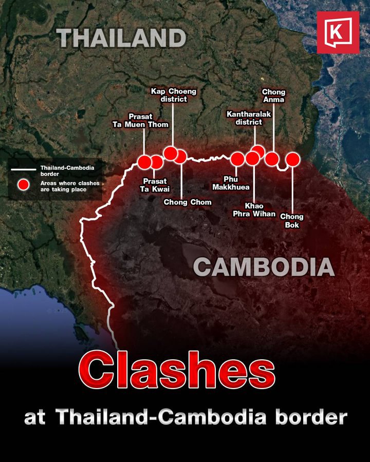 rmjr2654's tweet image. 07/26/25 💥Map shows the locations of ongoing clashes between Thai and Cambodian forces as of Saturday, July 26th
Source: Khaosod
#ไทยกัมพูชา #ชายแดนไทยกัมพูชา #กองทัพบก #กัมพูชายิงก่อน
