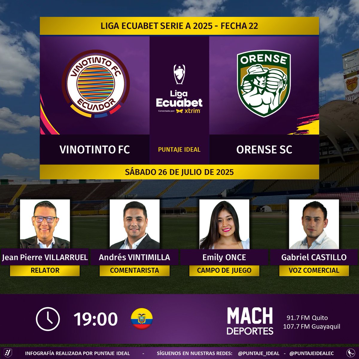 Puntaje Ideal EC (@puntajeidealec) on Twitter photo ⚽ #LigaEcuabet 🇪🇨 | #Vinotinto vs. #Orense
🎙 Relator: <a href="/Jeanpivillam/">Jean Pierre Villarruel M</a>
🎙 Comentarista: <a href="/AndyVintimilla8/">Andrés Vintimilla</a>
⛳️ Campo de juego: <a href="/EmilyOnce5/">Emily Once</a>
🎙 Voz Comercial: <a href="/gabocastillofm/">Gabriel Castillo Girón</a>
📻 <a href="/MachdeportesFM/">Machdeportes ✨ Gente Que Sabe De Radio</a>
🤳 #LaDinastíaContinúa
Dale RT 🔃 ⚽ #LigaEcuabet 🇪🇨 | #Vinotinto vs. #Orense
🎙 Relator: <a href="/Jeanpivillam/">Jean Pierre Villarruel M</a>
🎙 Comentarista: <a href="/AndyVintimilla8/">Andrés Vintimilla</a>
⛳️ Campo de juego: <a href="/EmilyOnce5/">Emily Once</a>
🎙 Voz Comercial: <a href="/gabocastillofm/">Gabriel Castillo Girón</a>
📻 <a href="/MachdeportesFM/">Machdeportes ✨ Gente Que Sabe De Radio</a>
🤳 #LaDinastíaContinúa
Dale RT 🔃